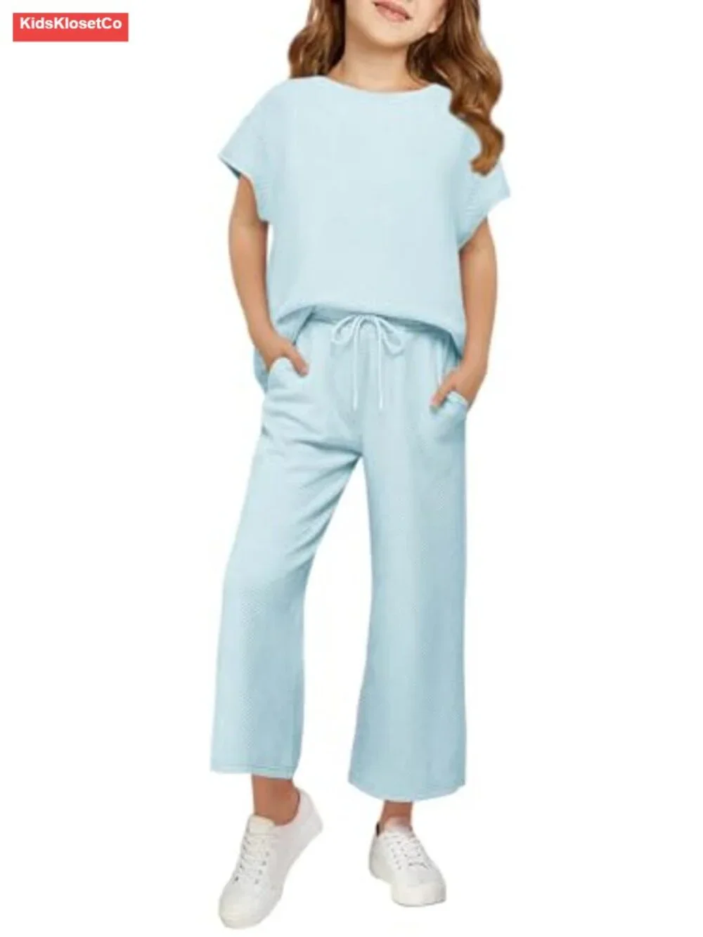 Girls 2-Piece Sweatsuit Set Short Sleeve Wide Leg Pants with Pockets